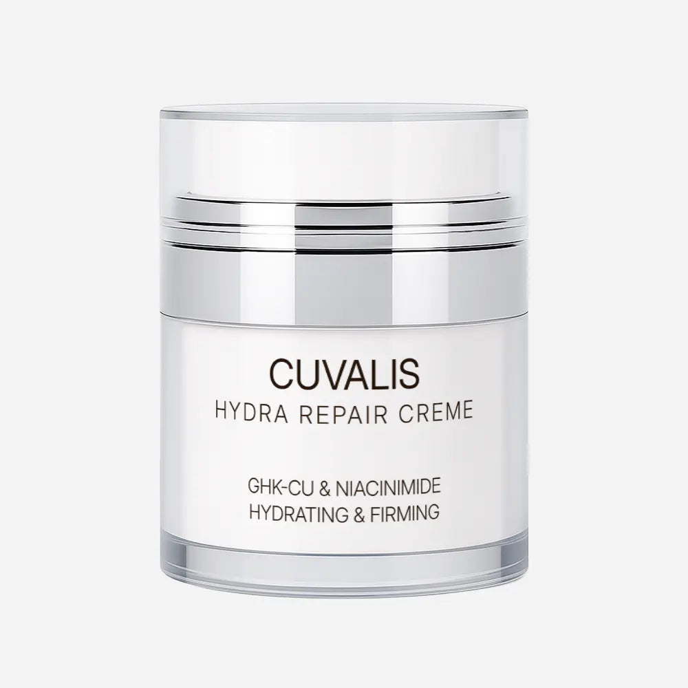 Cuvalis Hydra Repair Creme in einem silbernen Airless-Spender mit GHK-Cu und Niacinamid