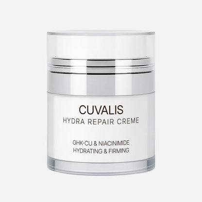 Cuvalis Hydra Repair Creme in einem silbernen Airless-Spender mit GHK-Cu und Niacinamid