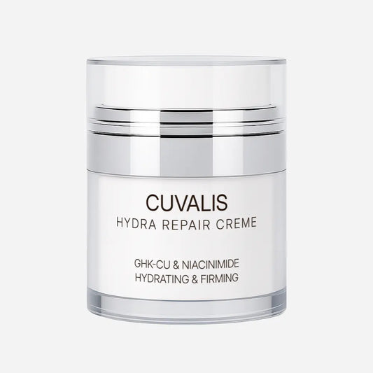 Cuvalis Hydra Repair Creme in einem silbernen Airless-Spender mit GHK-Cu und Niacinamid